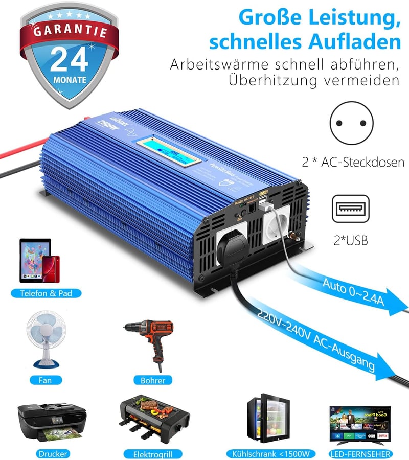 GIANDEL 2000W Színuszos Inverter 12V-230V - Feszültségátalakító Dupla USB Porttal, LCD Kijelzővel és Távirányítóval Lakóautókhoz