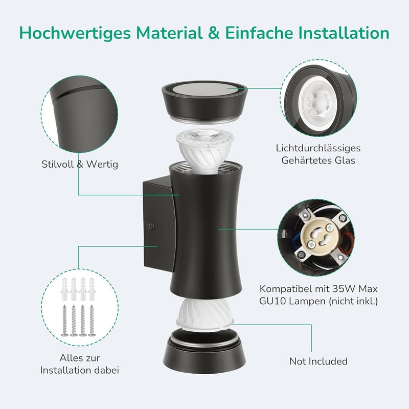EDISHINE Kétirányú LED Kültéri-Beltéri Fali Lámpa, Sötétszürke Fém, IP44 Vízálló, GU10 Foglalat, Modern Terasz Erkély Világítás