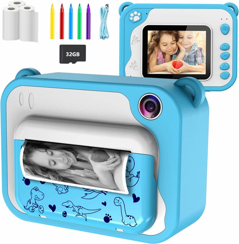 Gyerek digitális fényképezőgép 1080P, 32GB kártyával, nyomtatóval, 3-12 éveseknek - KinderKamera