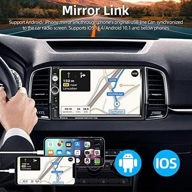 Podofo 2 DIN 7" Autórádió Érintőképernyővel - iOS/Android Mirror Link, Bluetooth, FM, USB, Tolatókamera, Kormányvezérlés