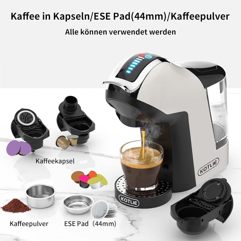 KOTLIE EM-308A 5-in-1 Kávéfőző 19 Bar Nyomással, Többféle Kapszulához (NES/DG), Automatikus Kikapcsolással, Kivehető Tartállyal, Fehér