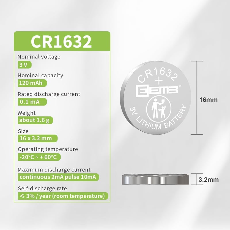EEMB CR1632 3V lítium gombelem 10db - óra, kulcstartó, számológép