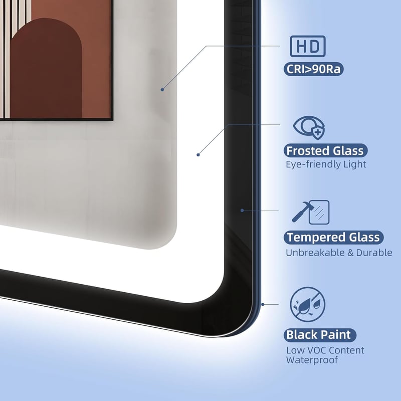 STARLEAD Fürdőszobai Tükör Szabályozható LED Világítással, 3 Színhőmérséklet, Páramentesítő, Bluetooth Hangszóró, Edzett Üveg, 80x60 cm, Fek