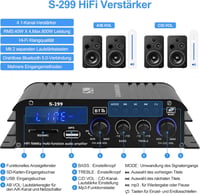 Sikkeby S-299 4.1 Bluetooth HiFi Erősítő, 40Wx4+50W RMS, 800W Max Teljesítmény, Passzív Mélynyomó Kimenet, USB/SD/AUX Csatlakozás, Otthoni H 2