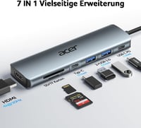 Acer 7-in-1 USB-C Hub - 4K HDMI, 2x USB 3.0, 100W PD, SD/TF Kártyaolvasó, Alumínium Dokkoló iPhone 15/16, MacBook, iPad Pro/Air 2