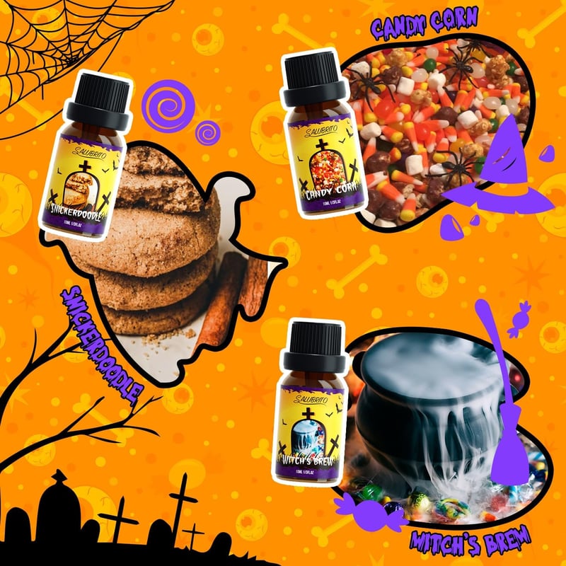 Salubrito Halloween Illóolaj Készlet - 6 Őszi Aroma Diffúzorba: Tökös Süti, Fűszeres Almabor, Karamellás Alma, Csemege Kukorica, Boszorkány 