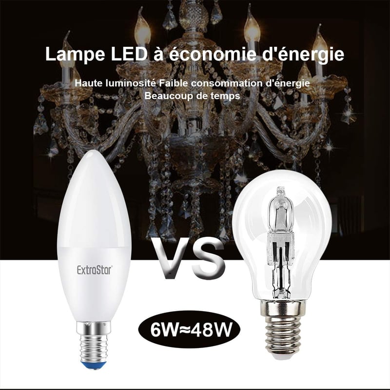 EXTRASTAR E14 LED Izzó, C37, 6W (48W), 480lm, 6500K Hideg Fehér, Nem Szabályozható, 6 Darabos Csomag, Energiatakarékos