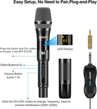 LEKATO Vezeték Nélküli Fém Mikrofon - Újratölthető Kézi Dinamikus Mikrofon Karaoke, DJ, Esküvő, Rendezvény Használatra - 25 Csatornás, Dupla 5