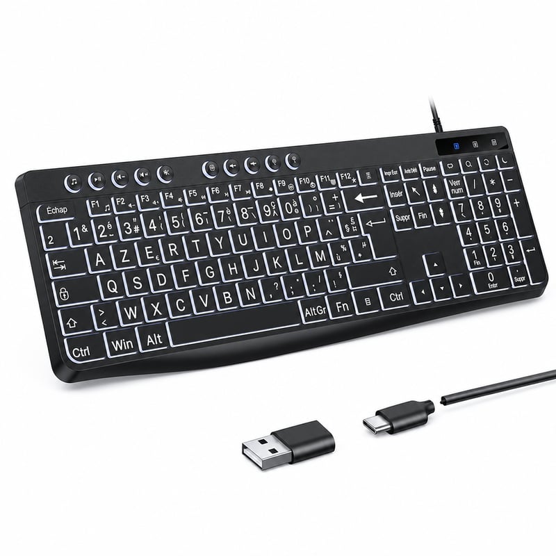 Tastatură cu fir OMOTON cu iluminare de fundal albă, AZERTY, 2 în 1 — defectă, pentru piese: portul cablului C s-a desprins (stare: vezi a doua imagine)