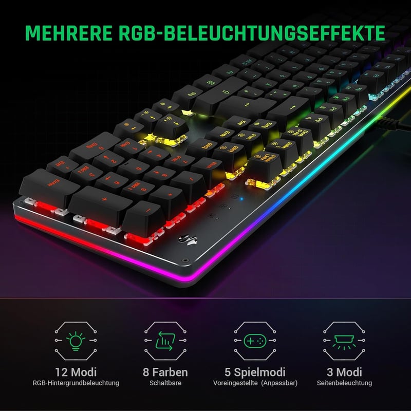 Black Shark RGB mechanikus gamer billentyűzet, kék kapcsolók, QWERTZ német kiosztás