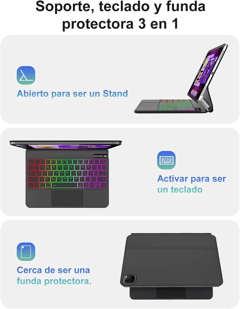 FOGARI Bluetooth Billentyűzet iPad Air 11/5/4 és Pro 11 Modellekhez - QWERTZ Touchpad, 7 Színű Háttérvilágítás, Fekete