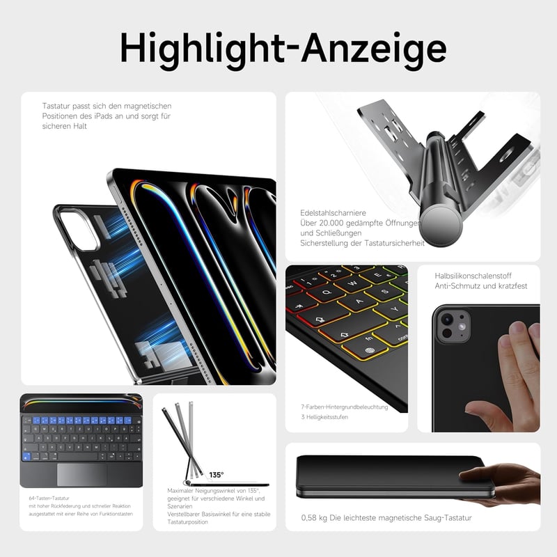 HOU Magic Keyboard iPad Pro 11 M4 2024 - Bluetooth billentyűzet érintőpaddal, 7 színű háttérvilágítással, német QWERTZ kiosztással, fekete