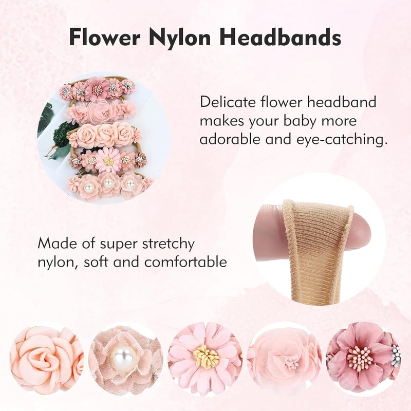 5 db Cinaci virágos hajpánt babáknak és kislányoknak - puha nylon fejdísz