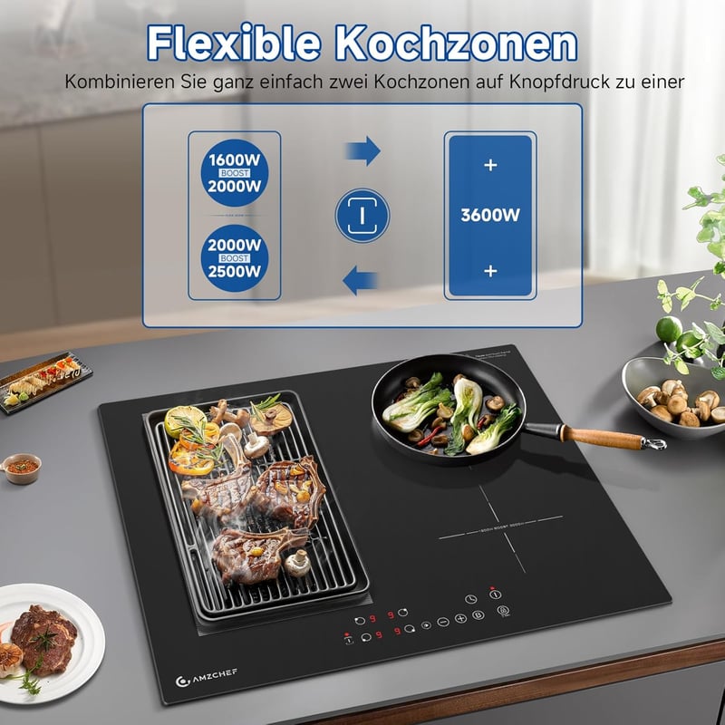 AMZCHEF 60 cm-es Indukciós Főzőlap Flex Zónákkal - 4 Zónás, 7200W, 9 Teljesítményszint, Boost Funkció, Időzítő, Gyerekzár, Túlmelegedés Elle