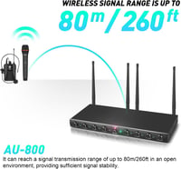 D Debra Audio AU800 Pro UHF 8 csatornás vezeték nélküli mikrofon rendszer, 4 kézi mikrofon és 4 testcsipesz, fém vevőegység karaokéhoz, rend 3