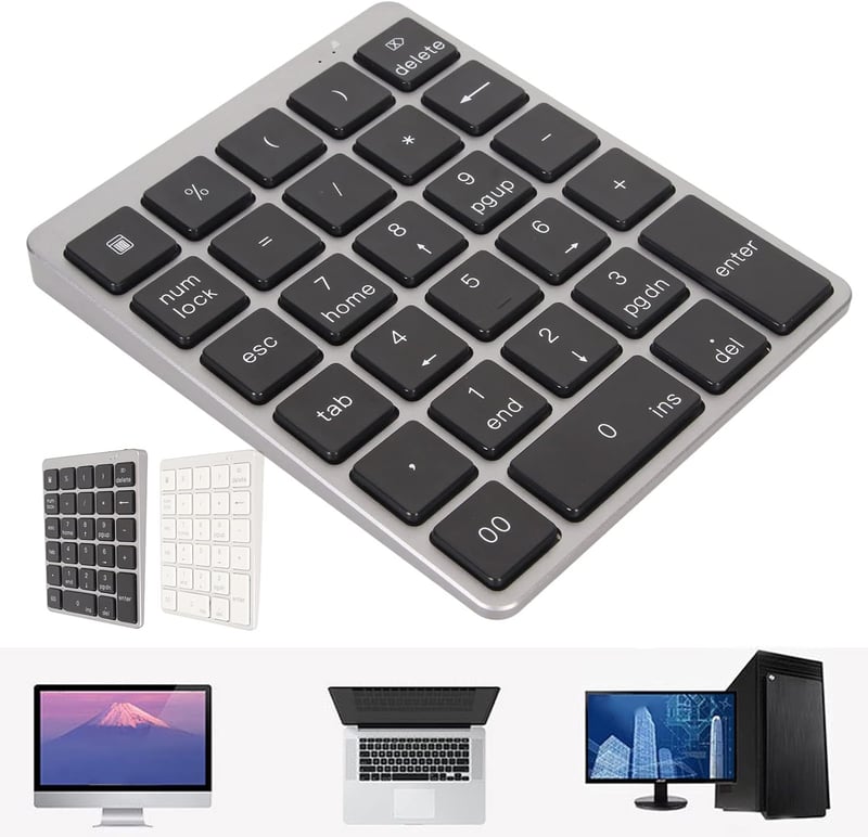 Yunseity Bluetooth és USB-s numerikus billentyűzet, 28 gombos, iOS/Android/Windows, szürke-fekete