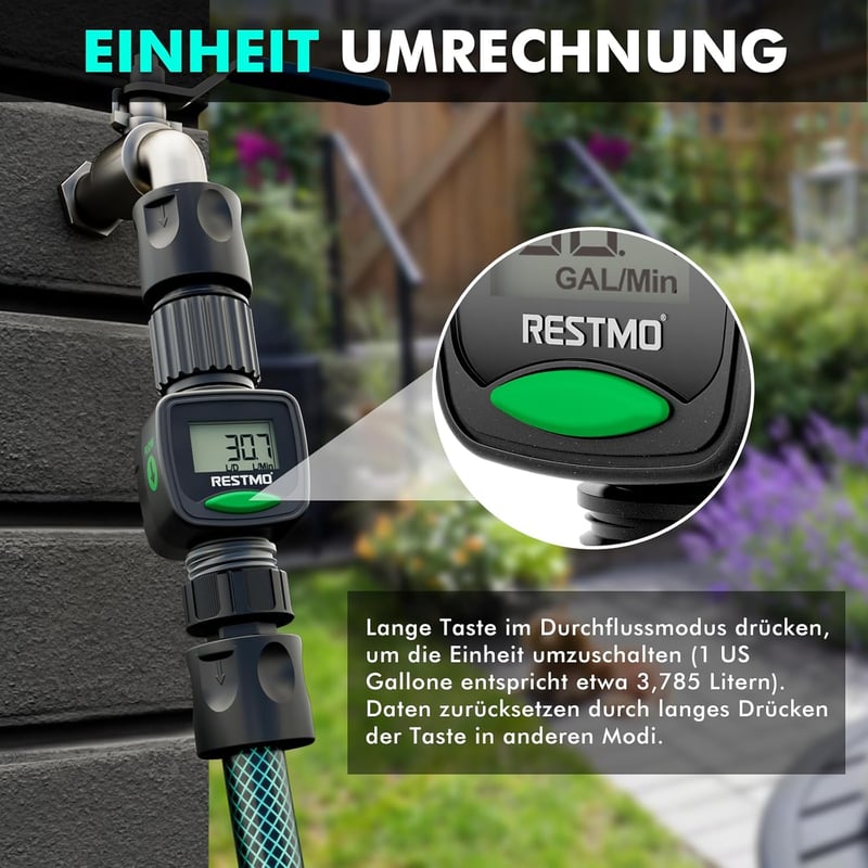 Restmo Vízóra - Nagy Pontosságú Vízfogyasztás és Áramlás Mérő LCD Kijelzővel, Gallonban/Literben - Kerti Locsoláshoz, Öntözőrendszerhez