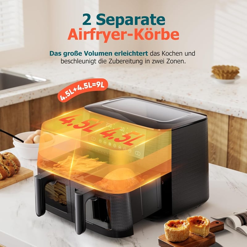 Cookwise 9L Dupla Fiókos Forrólevegős Sütő - 9-in-1 Főzési Mód, Betekintő Ablak, Érintőképernyő, Olajmentes Egészséges Sütés, Időzítő, 2570W