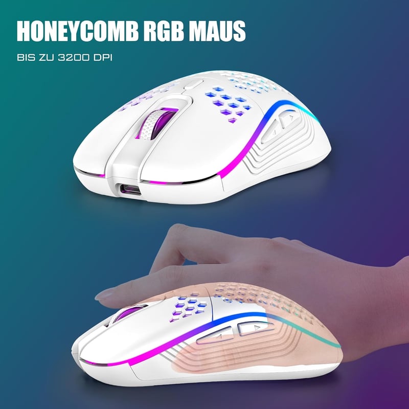 RedThunder 75% Vezeték Nélküli Gamer Billentyűzet és Egér Szett, QWERTZ DE Kiosztás, TKL Kompakt Mini Billentyűzet, 7200DPI Méhsejt Egér, PC - White