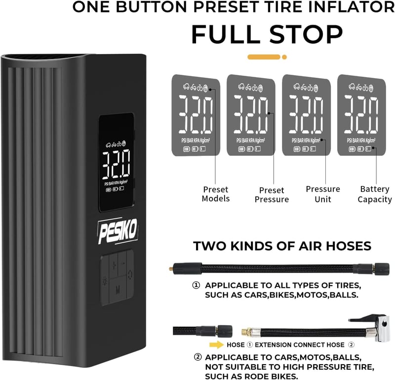 PESIKO Elektromos Kerékpár Pumpa 6000 mAh - Hordozható Digitális LCD Kijelzővel, LED Lámpával, Újratölthető Akkumulátorral, Powerbank Funkci
