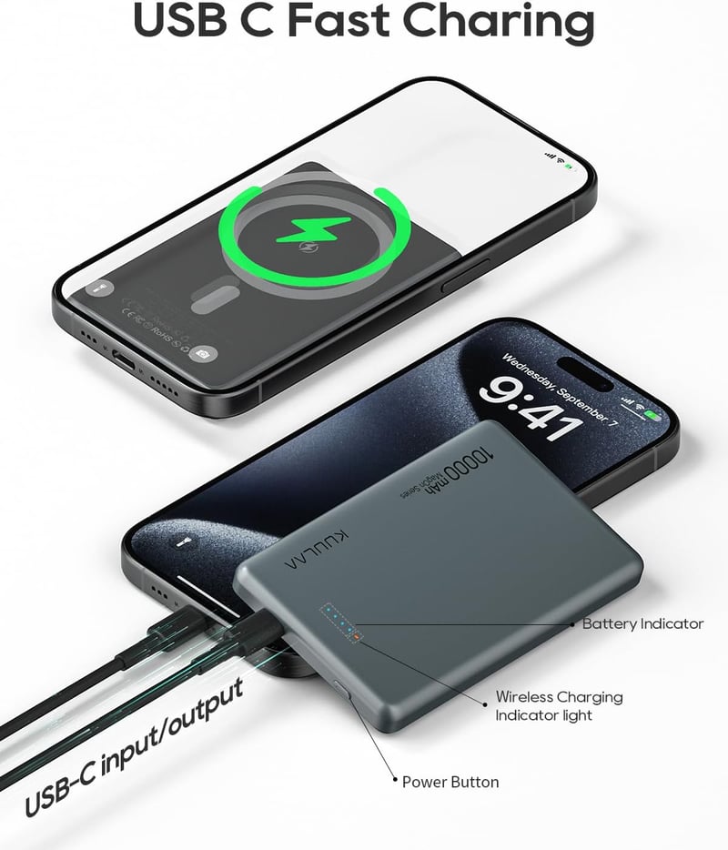 Kuulaa MagSafe 10000mAh mágneses powerbank iPhone 15/14/13-hoz, 20W, szürke