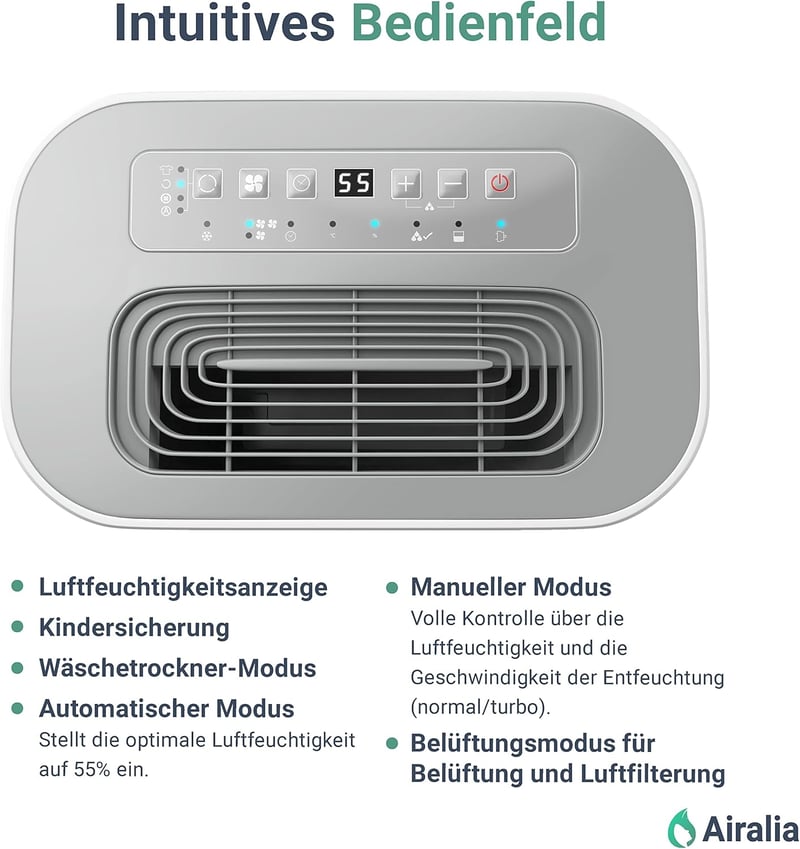Airalia AIR-DH20 Elektromos Párátlanító 20L/nap - 6,5L Tartály, Tömlős Vízelvezetés, 195m³/óra Légáramlás, 40m² Helyiségekhez