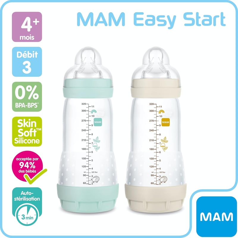 MAM Easy Start Anti-Colic Cumisüveg (320 ml) - Szellőző Alap Hasfájás Ellen, 3-as Folyáserősségű Etetőcumi, Anyatejes Tápláláshoz, Aqua & Li