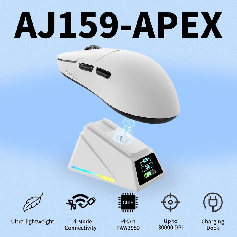 AJAZZ AJ159-APEX Gamer Egér PAW3390 Szenzorral, RGB Töltőállomással, 8000Hz, 42K DPI, Vezeték Nélküli, Bluetooth, Ergonomikus, 56g Könnyű