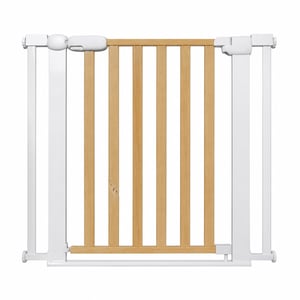 Poartă de siguranță Kinderkraft Lock&GO fără găurire, 75-103 cm, grilaj din lemn, metal alb — defectă, funcționează parțial: grilaj deteriorat (stare: vezi a doua fotografie)