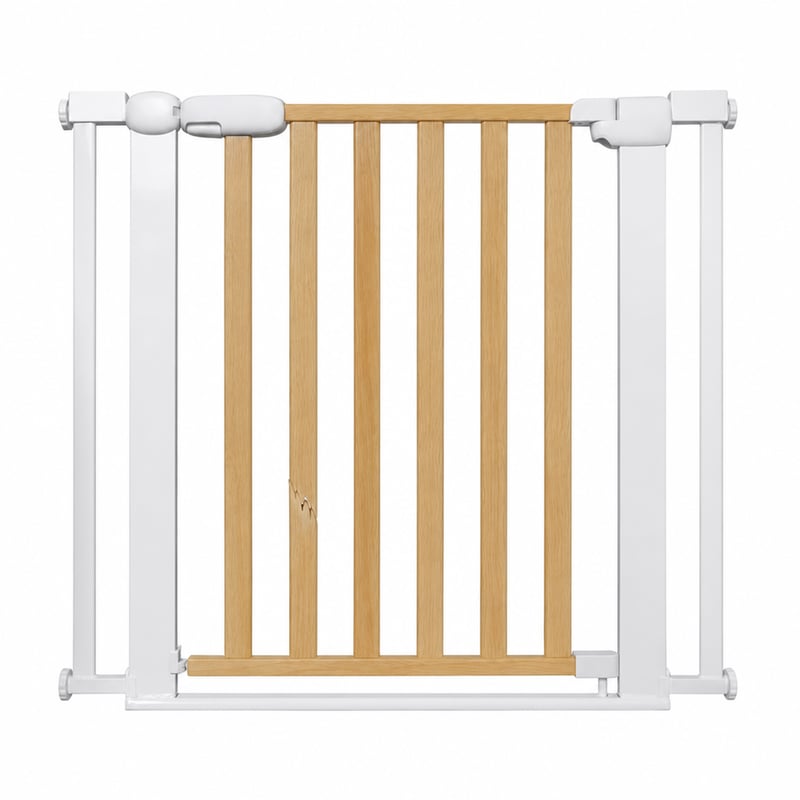 Poartă de siguranță Kinderkraft Lock&GO fără găurire, 75-103 cm, grilaj din lemn, metal alb — defectă, funcționează parțial: grilaj deteriorat (stare: vezi a doua fotografie)