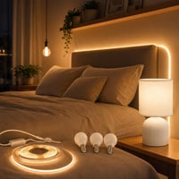 Hálószobai LED fényvarázs: 3 db E14 gömbizzó + 5 m 3000 K LED szalag + textilbúrás lámpa 1