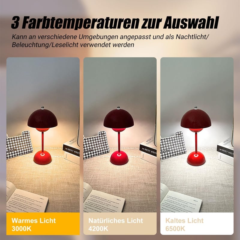 EXTRASTAR Gomba Alakú LED Asztali Lámpa - Piros Érintésvezérelt Fényerőszabályzós Lámpa 3 Színhőmérséklettel, USB Újratölthető, Hálószobába,