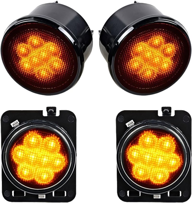Beside_Auto LED Irányjelző és Oldalsó Jelzőfény Szett Jeep Wrangler JK JKU (2007-2018) - Sárga Fényű, Füstös Lencsés, Energiatakarékos Első