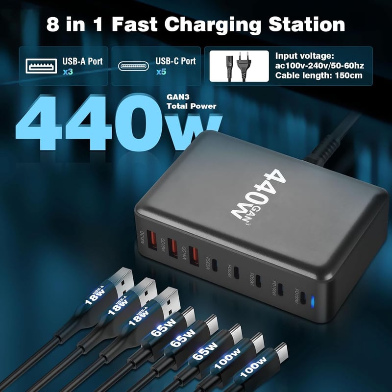 Effdrdfs 440W GaN III USB Töltőállomás 8 Portos - 5 USB-C (100W PD 3.0) és 3 USB-A (QC 3.0) Gyorstöltő iPhone, MacBook, iPad, Samsung Galaxy
