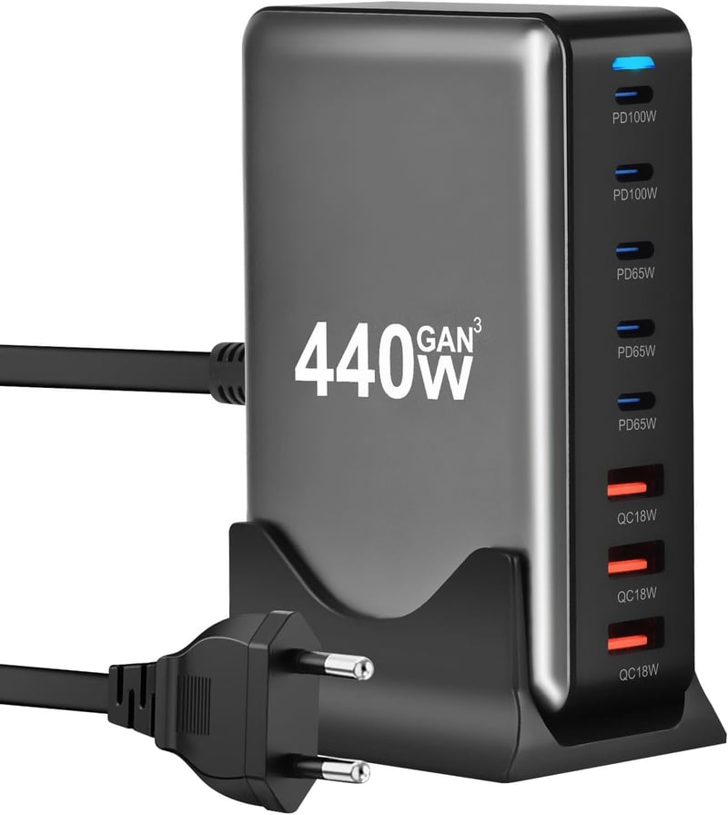 Effdrdfs 440W GaN III USB Töltőállomás 8 Portos - 5 USB-C (100W PD 3.0) és 3 USB-A (QC 3.0) Gyorstöltő iPhone, MacBook, iPad, Samsung Galaxy