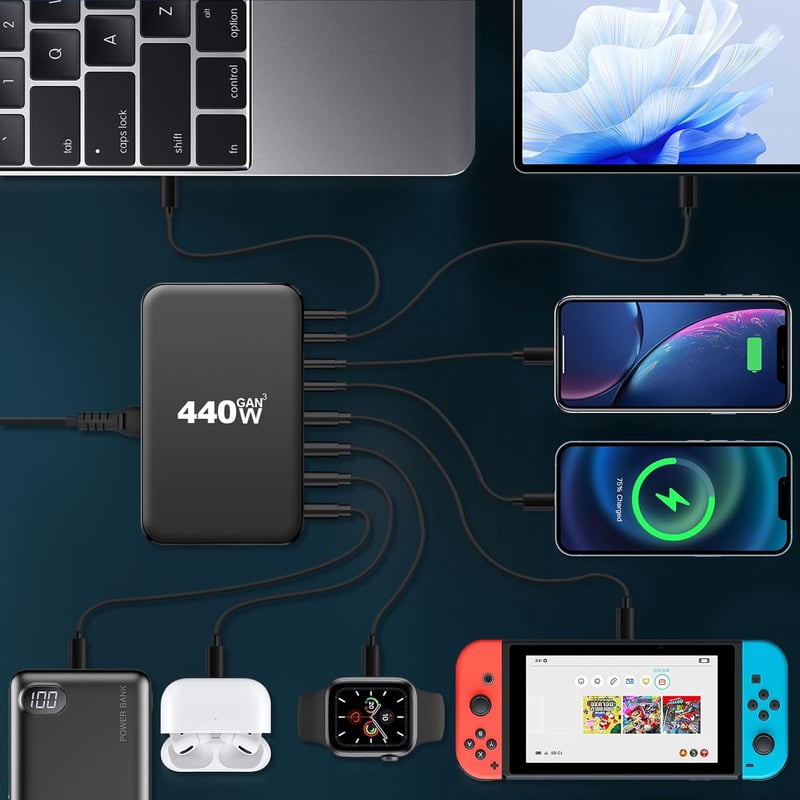 Effdrdfs 440W GaN III USB Töltőállomás 8 Portos - 5 USB-C (100W PD 3.0) és 3 USB-A (QC 3.0) Gyorstöltő iPhone, MacBook, iPad, Samsung Galaxy