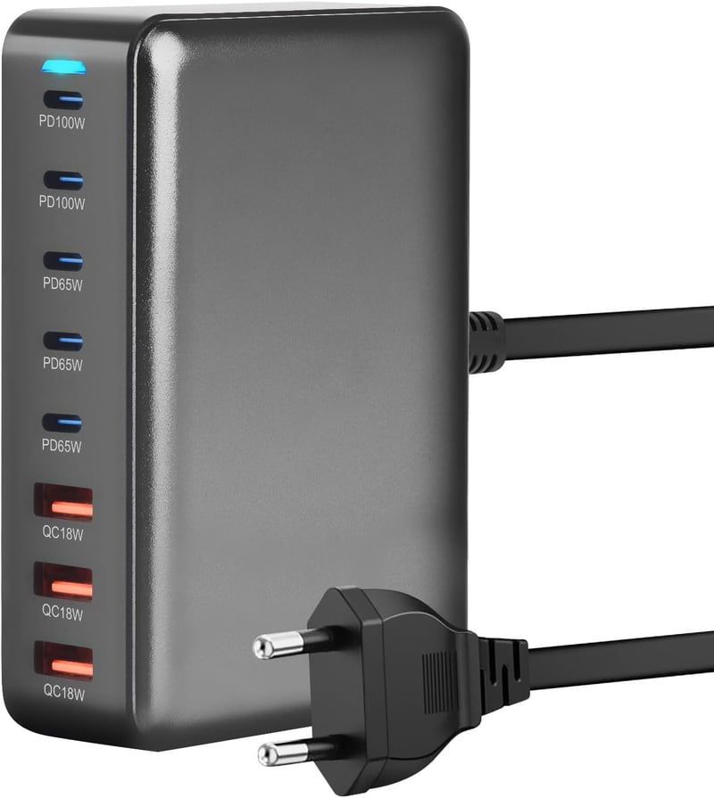 Effdrdfs 440W GaN III USB Töltőállomás 8 Portos - 5 USB-C (100W PD 3.0) és 3 USB-A (QC 3.0) Gyorstöltő iPhone, MacBook, iPad, Samsung Galaxy