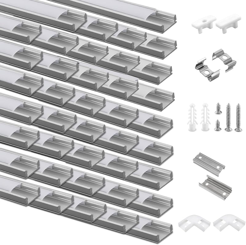 Efishine U-alakú LED Alumínium Profil Szett - 40x1m Ezüst Csatorna Tejfehér Burkolattal, Végsapkákkal és Rögzítőkkel LED Szalagokhoz