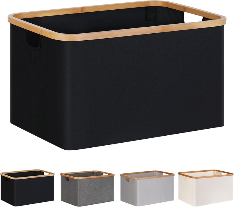 Coș de rufe pliabil efluky de 60L din material textil cu aspect de bambus, negru, coș de depozitare pentru baie și dormitor
