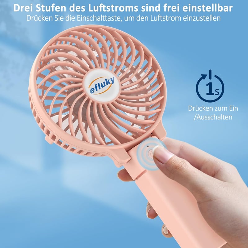 efluky Hordozható Kézi Ventilátor USB Töltéses 3 Fokozat Összecsukható - Pink