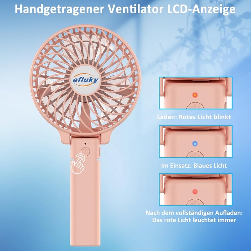 efluky Hordozható Kézi Ventilátor USB Töltéses 3 Fokozat Összecsukható - Pink