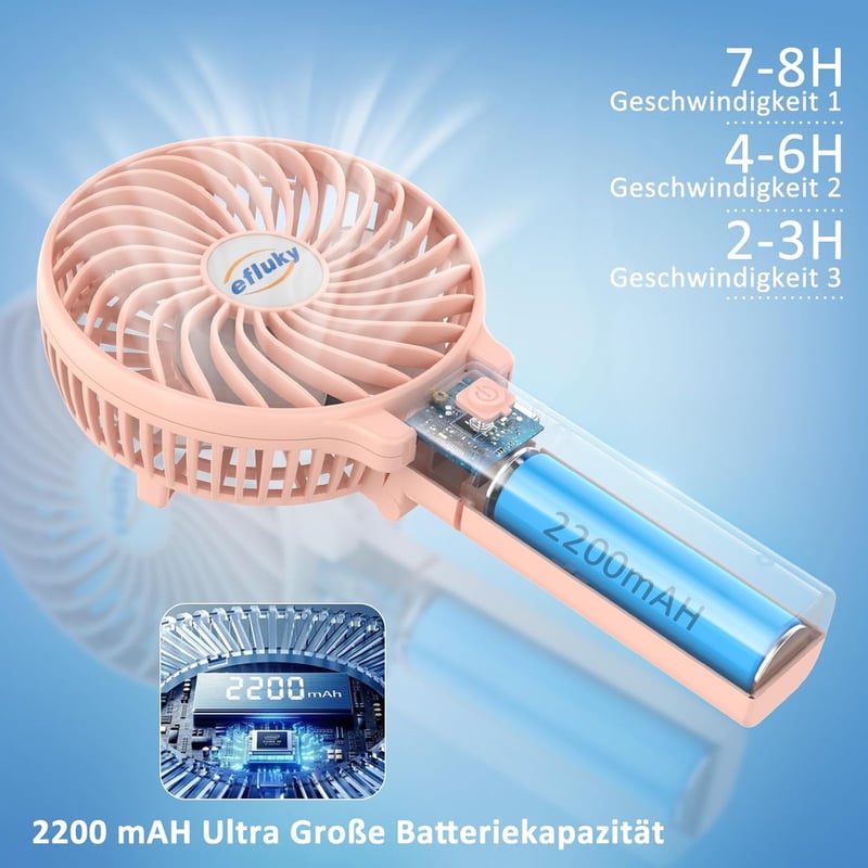 efluky Hordozható Kézi Ventilátor USB Töltéses 3 Fokozat Összecsukható - Pink