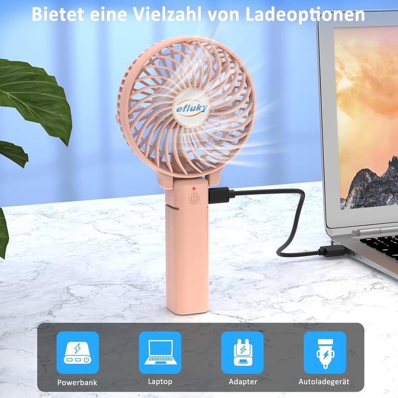 efluky Hordozható Kézi Ventilátor USB Töltéses 3 Fokozat Összecsukható - Pink