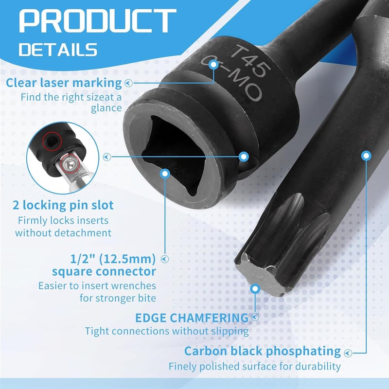 EFUTURETIME 10 részes Torx belső dugókulcs készlet 1/2" T20-T60 TX aljzat szett dobozzal