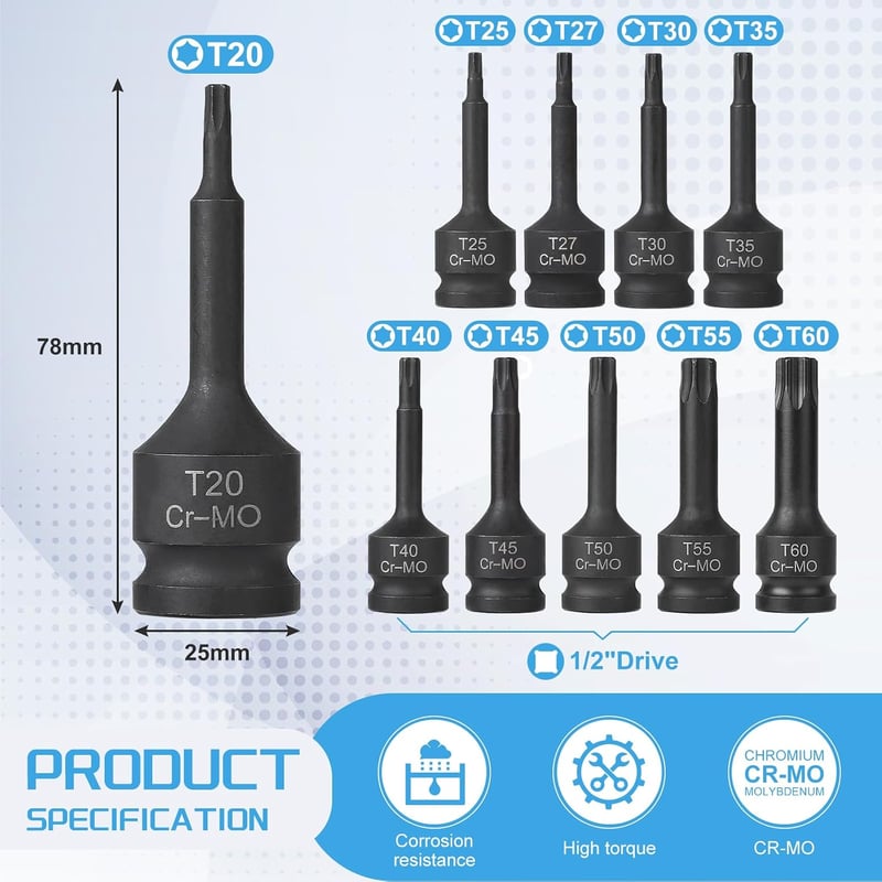 EFUTURETIME 10 részes Torx belső dugókulcs készlet 1/2" T20-T60 TX aljzat szett dobozzal