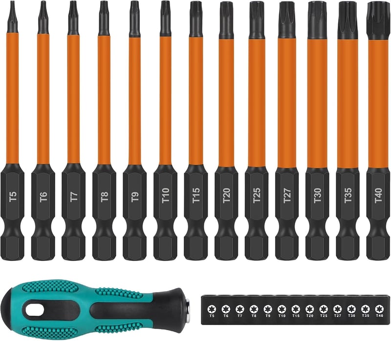 efuturetime 13 darabos Torx csavarhúzó bit készlet 75mm, mágneses hosszú bitek T5-T40, S2 acél csavarbehajtó készlet