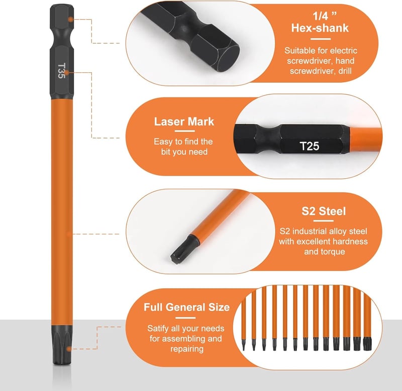 efuturetime 13 darabos Torx csavarhúzó bit készlet 75mm, mágneses hosszú bitek T5-T40, S2 acél csavarbehajtó készlet