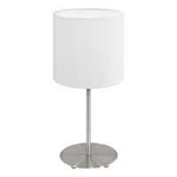 Stolná lampa EGLO Pasteri, 1-plameňová textilná nočná lampa, oceľ a látka, matný nikel, biela, s päticou E14, s vypínačom, výška: 27,5 cm 1