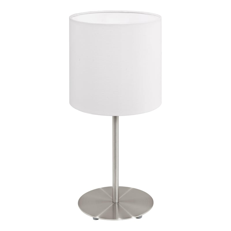 Stolná lampa EGLO Pasteri, 1-plameňová textilná nočná lampa, oceľ a látka, matný nikel, biela, s päticou E14, s vypínačom, výška: 27,5 cm