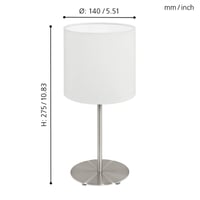 Stolná lampa EGLO Pasteri, 1-plameňová textilná nočná lampa, oceľ a látka, matný nikel, biela, s päticou E14, s vypínačom, výška: 27,5 cm 6